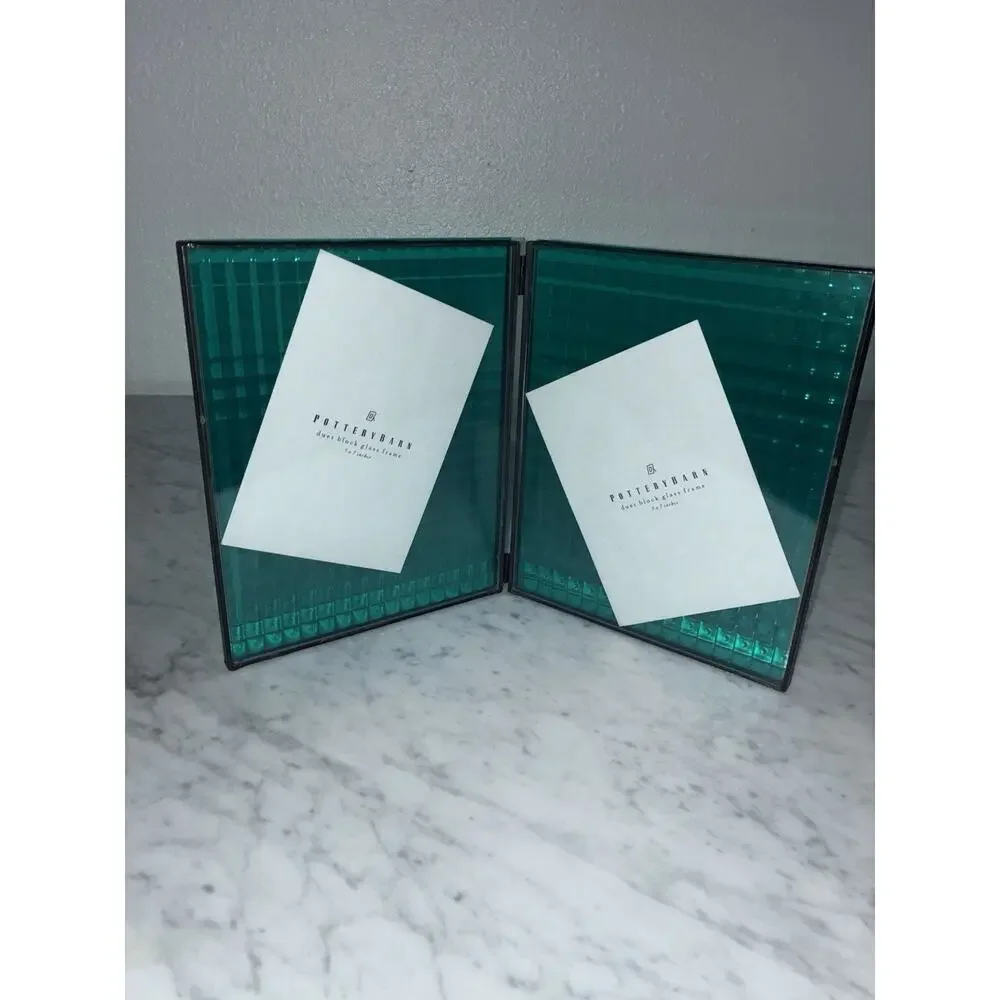 Pottery Barn Duet Block Glass Picture Frame Green Hinged Holds 2 5X7 Photo